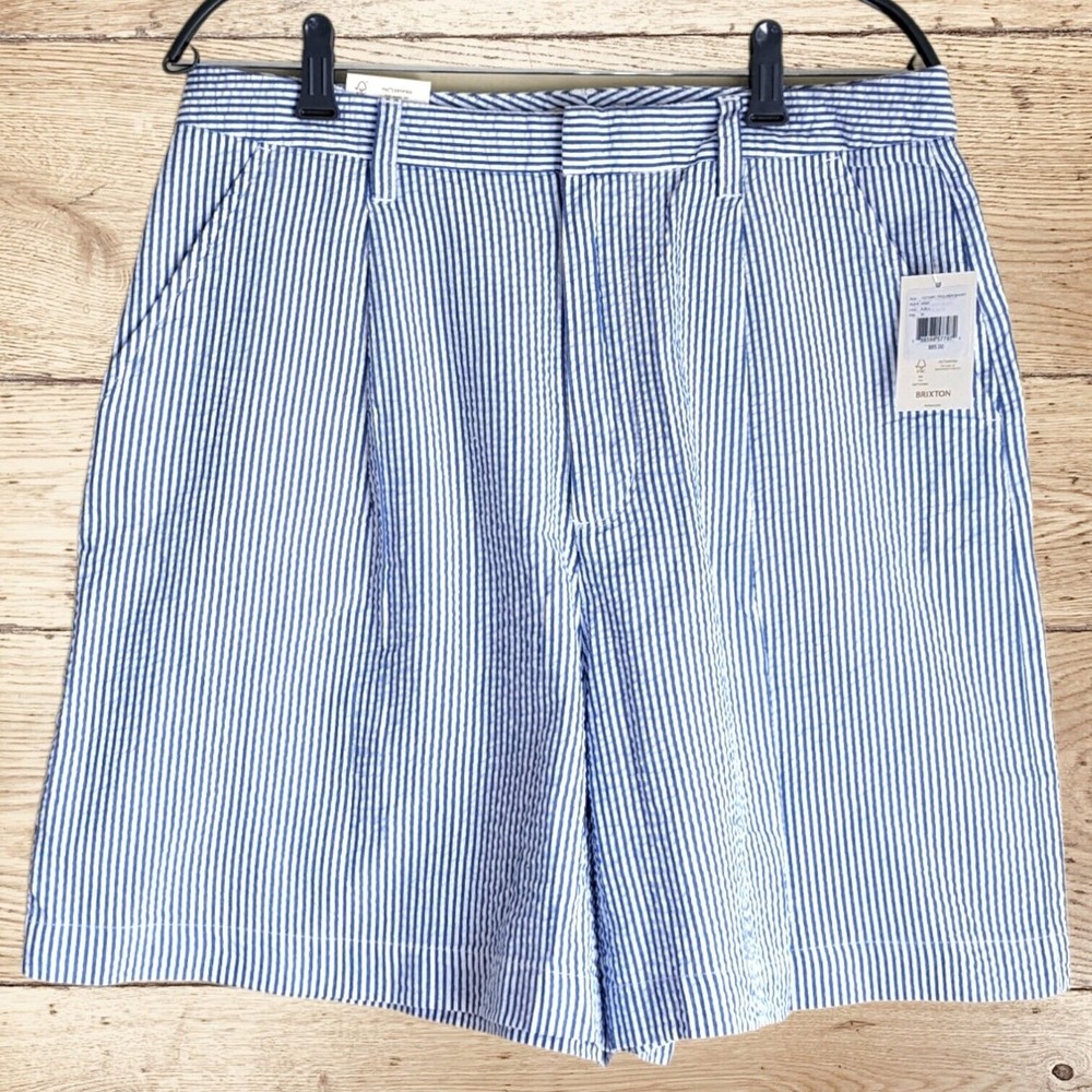 NWT Brixton 30W Blue Seersucker High Waisted Striped Trouser Shorts Nauctical